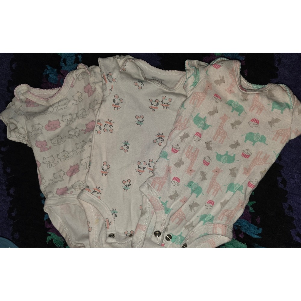 Baby Girl Bodysuit Bundle Set of 3 Cute Prints‎ Kitty Mouse Giraffe Elephant